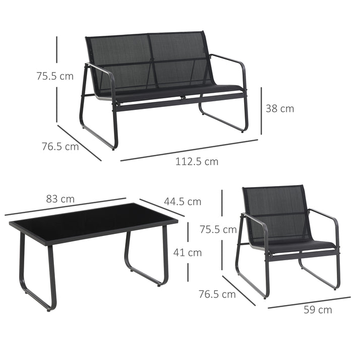 Set Salotto da Giardino Divano 2 Poltrone e Tavolino in Metallo e Textilene Nero