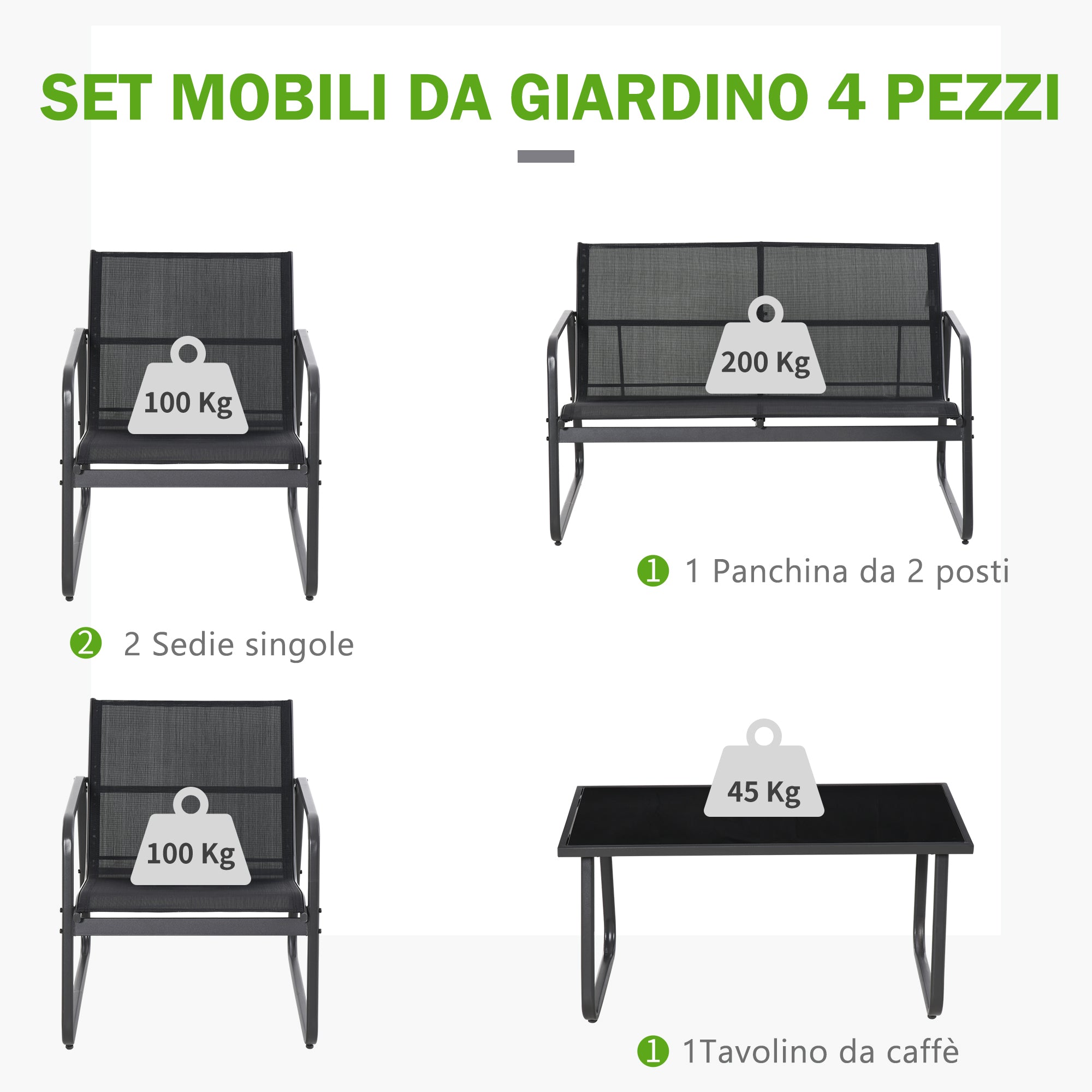 Set Salotto da Giardino Divano 2 Poltrone e Tavolino in Metallo e Textilene Nero