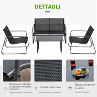 Set Salotto da Giardino Divano 2 Poltrone e Tavolino in Metallo e Textilene Nero