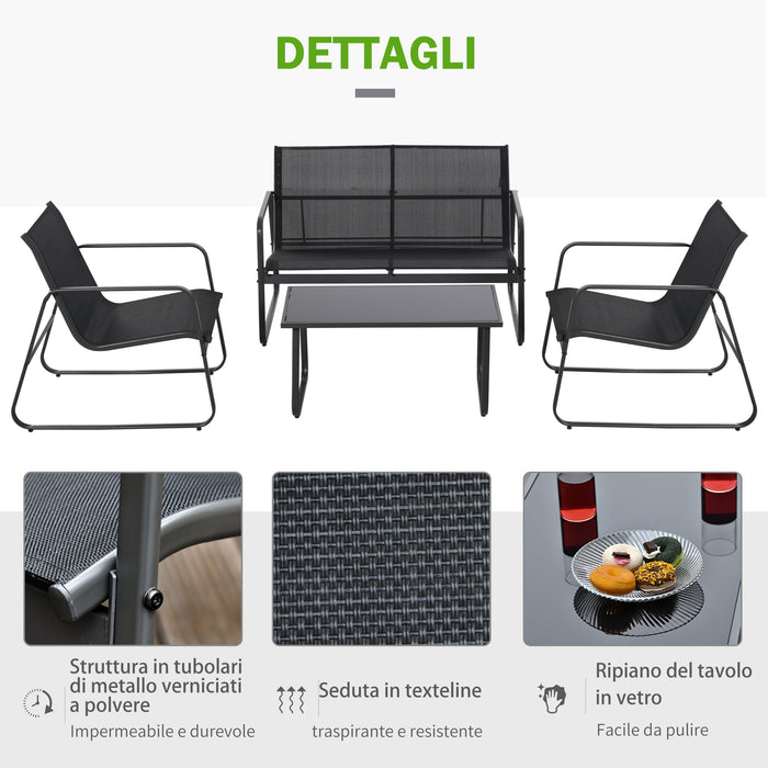 Set Salotto da Giardino Divano 2 Poltrone e Tavolino in Metallo e Textilene Nero