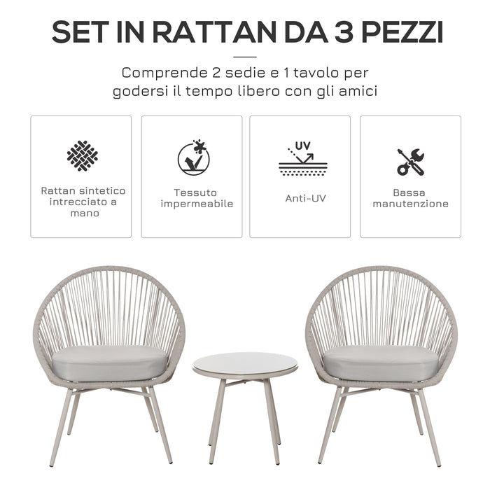 Set Salotto da Giardino 2 Poltrone e Tavolino in Rattan Bianco Crema