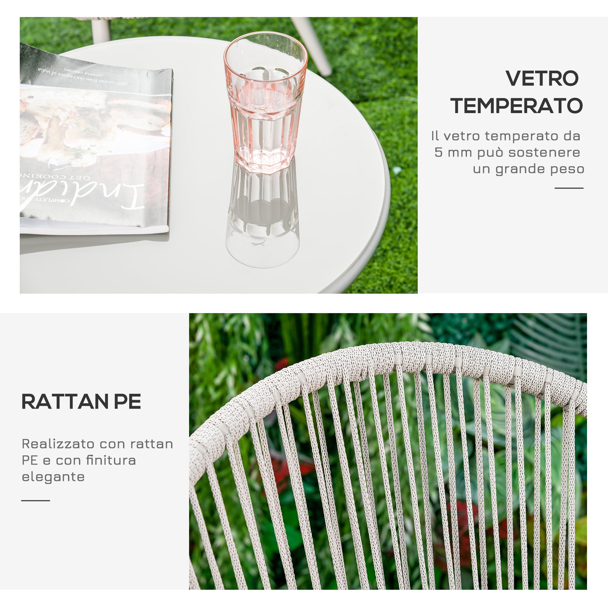 Set Salotto da Giardino 2 Poltrone e Tavolino in Rattan Bianco Crema