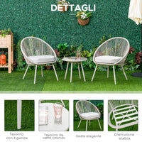 Set Salotto da Giardino 2 Poltrone e Tavolino in Rattan Bianco Crema