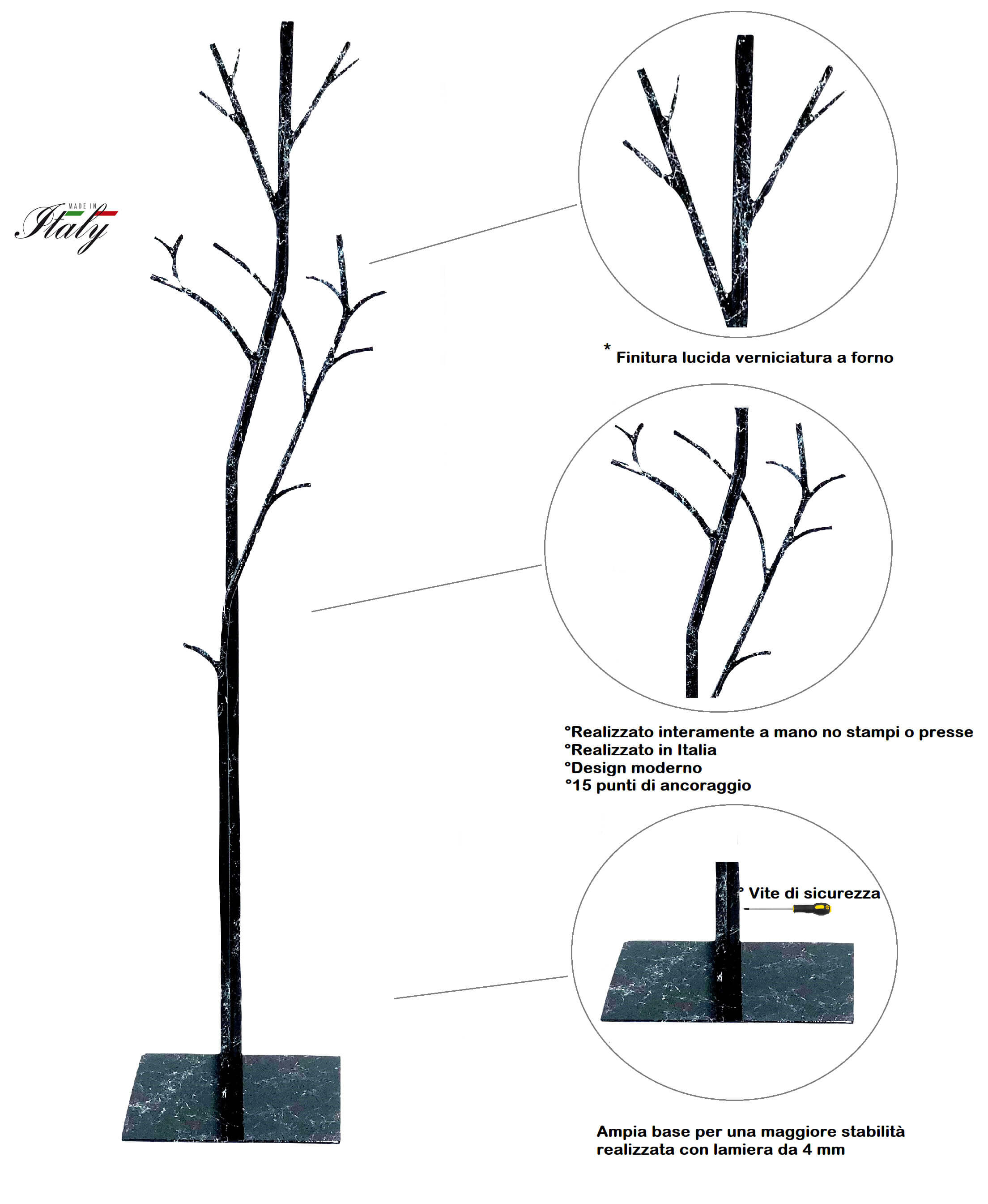 Appendiabiti da Terra 33x33x178 cm in Ferro Battuto Platano Nero Effetto Marmo