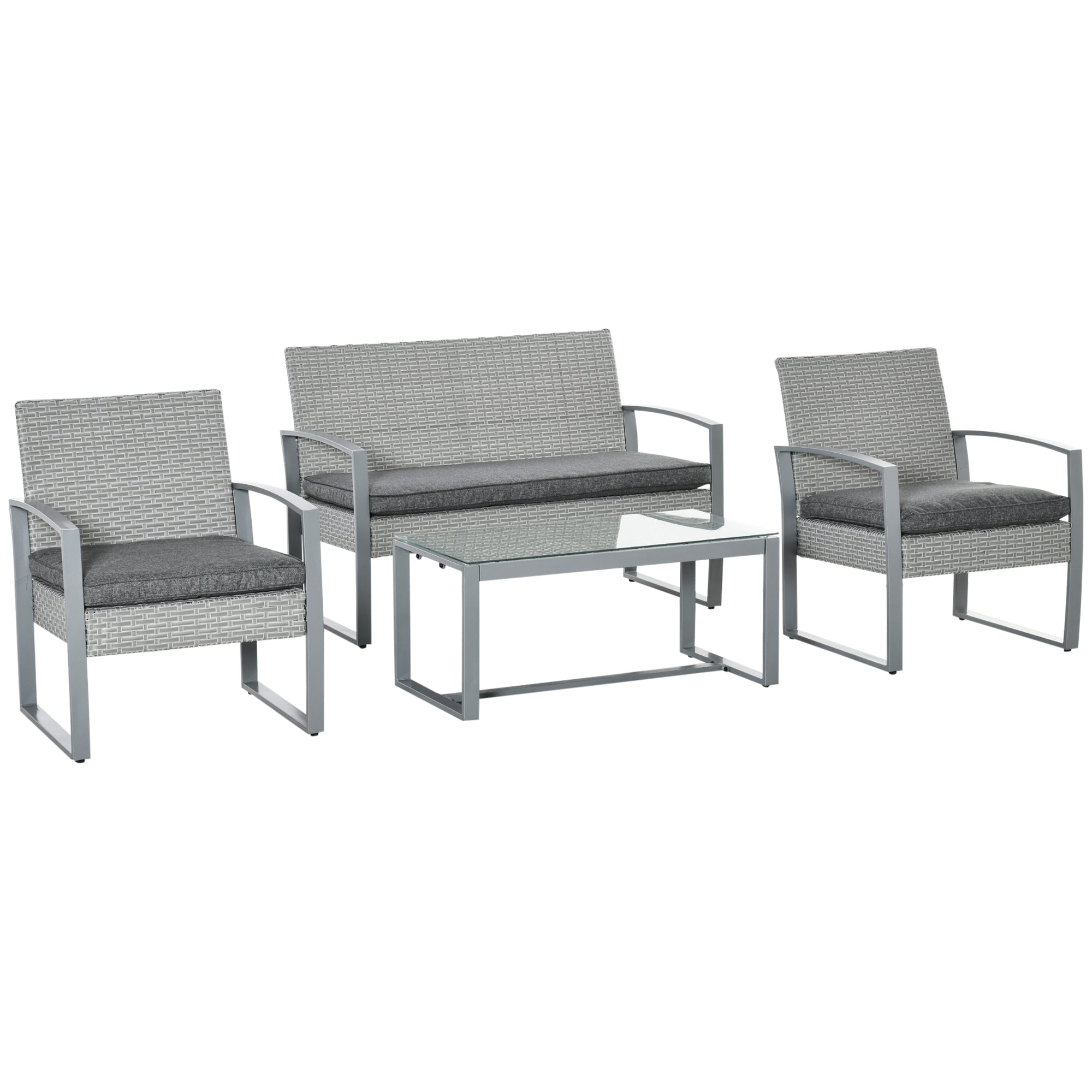 Set Salotto da Giardino Divano 2 Poltrone e Tavolino in Metallo e Rattan Grigio