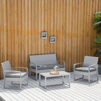 Set Salotto da Giardino Divano 2 Poltrone e Tavolino in Metallo e Rattan Grigio