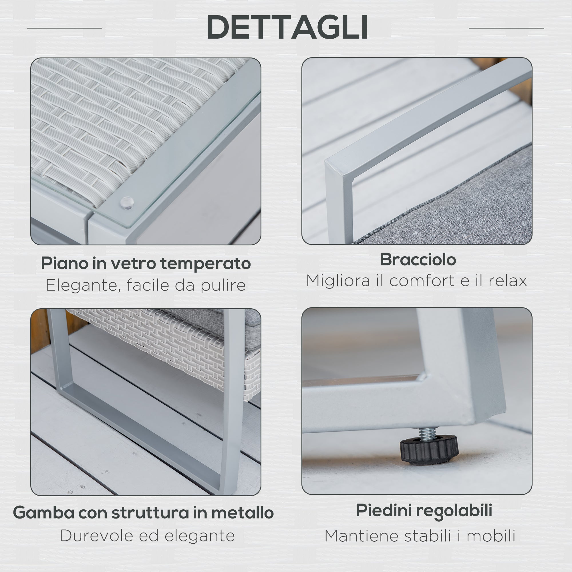 Set Salotto da Giardino Divano 2 Poltrone e Tavolino in Metallo e Rattan Grigio