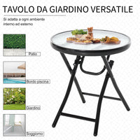 Tavolino Tondo da Giardino Ø45x50 cm in Metallo con Ripiano in Vetro Nero