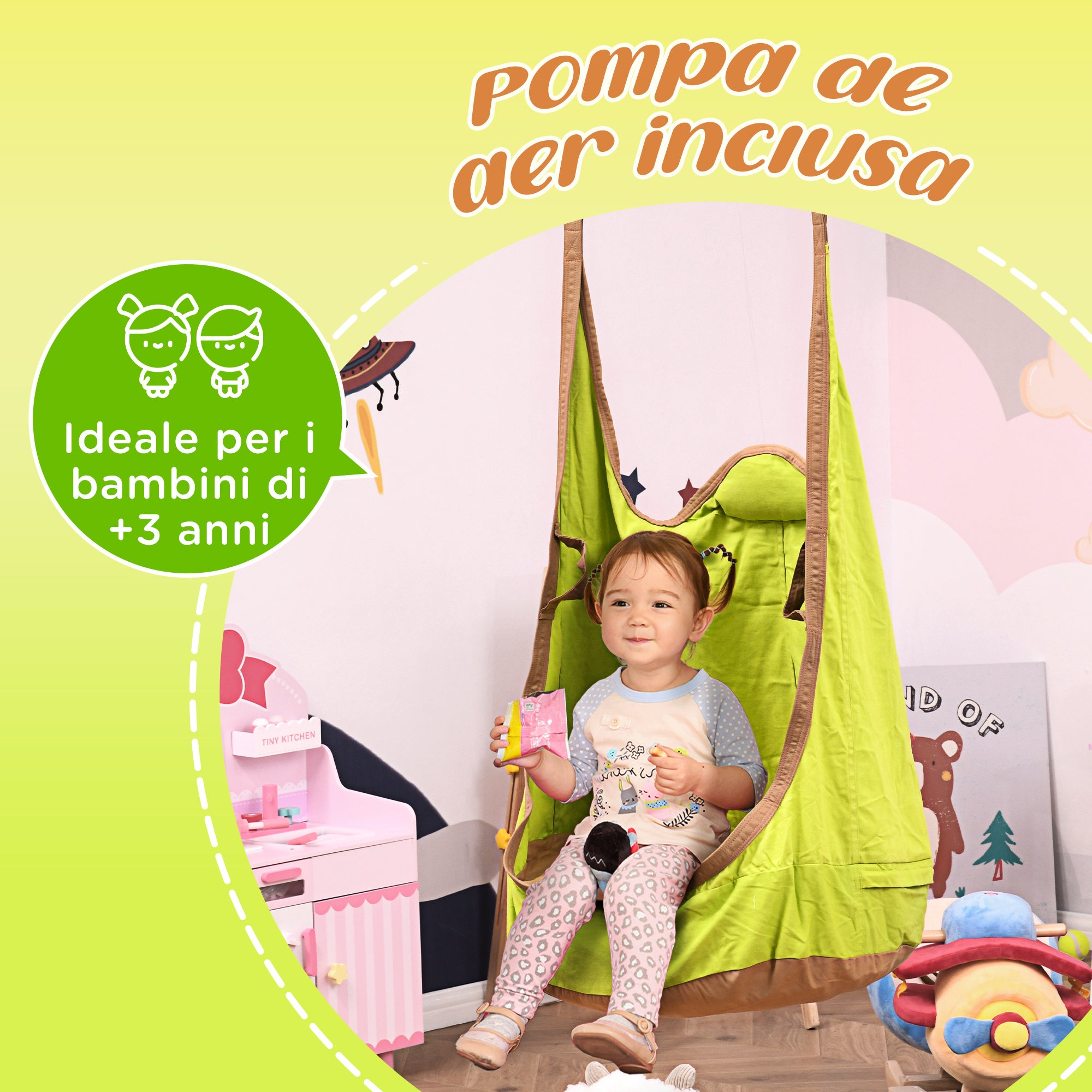 Amaca a Sacco per Bambini Sospesa 75x55x140 cm in Cotone e PVC Verde