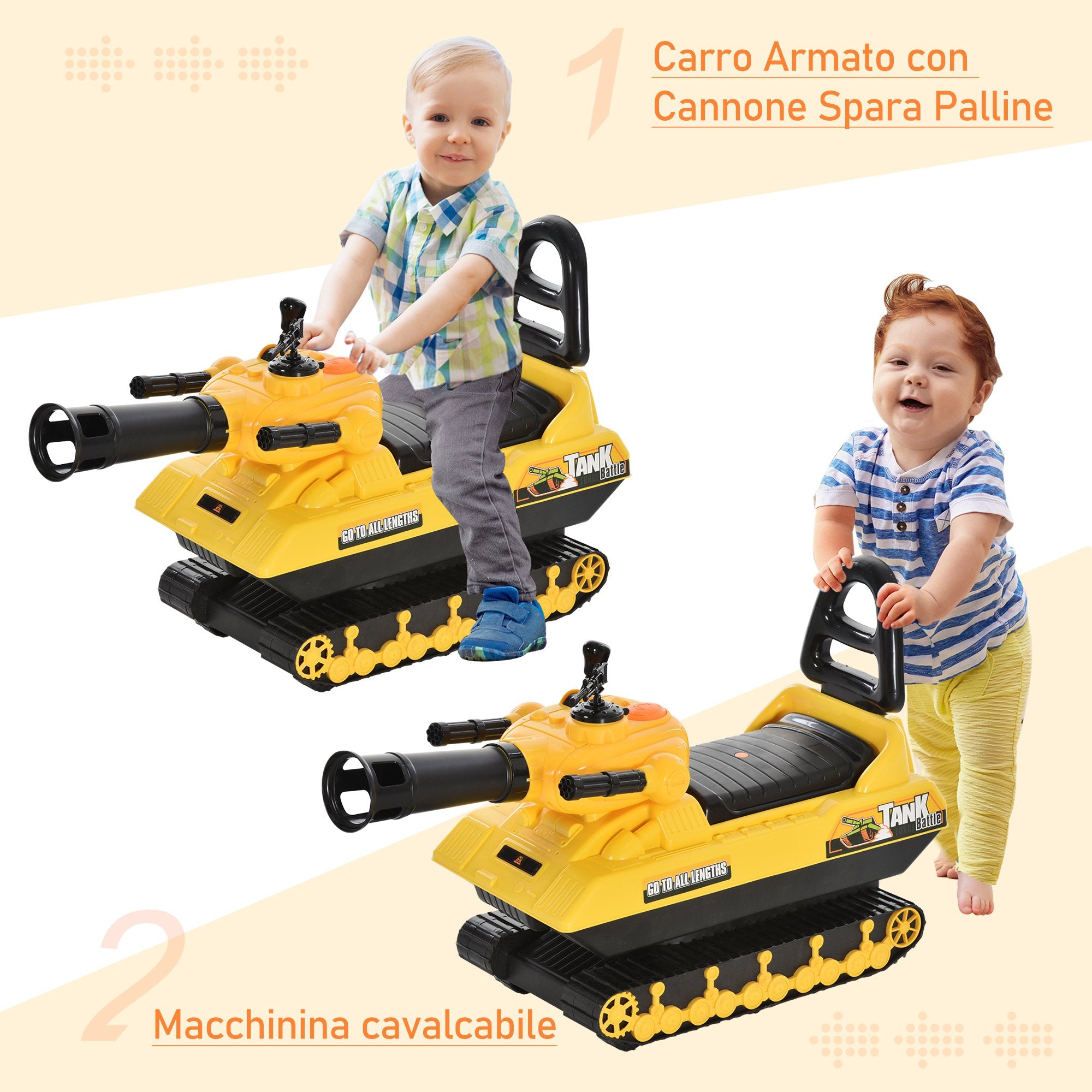 Carro Armato Cavalcabile per Bambini con Cannone Spara Palline Giallo