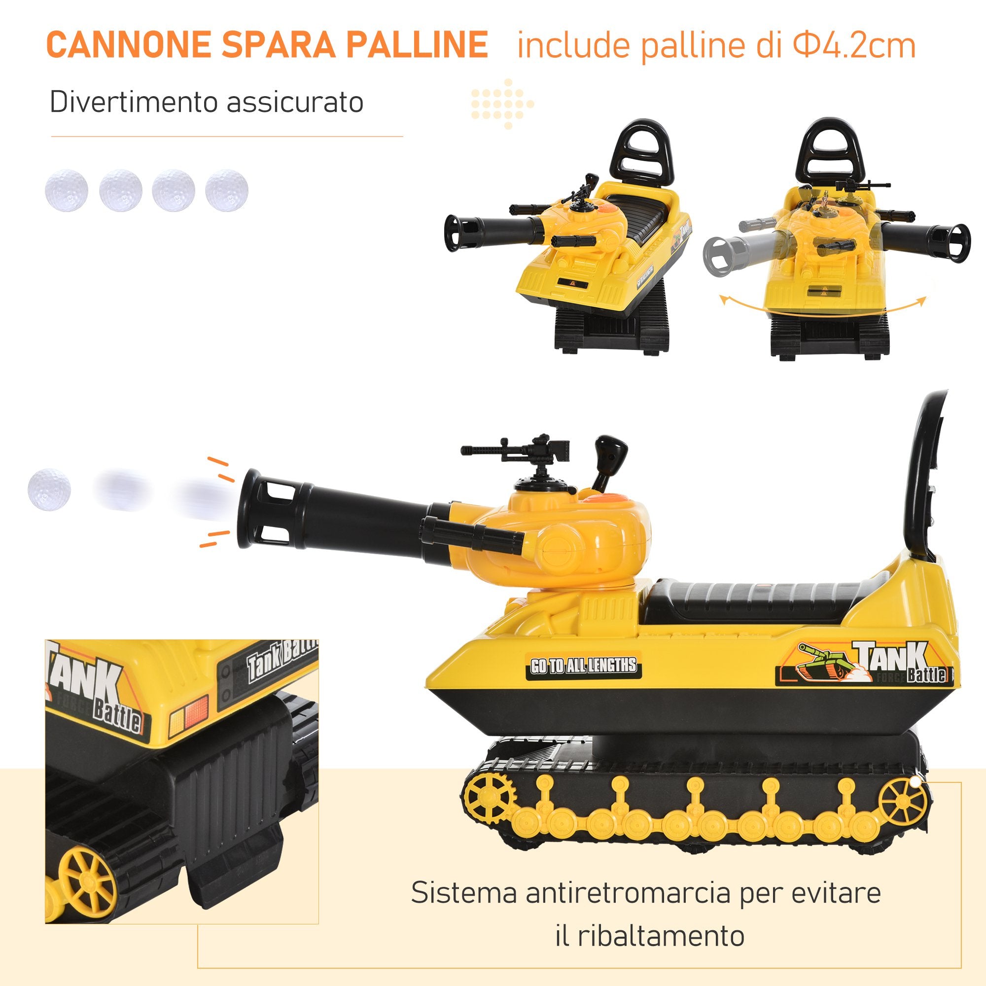 Carro Armato Cavalcabile per Bambini con Cannone Spara Palline Giallo