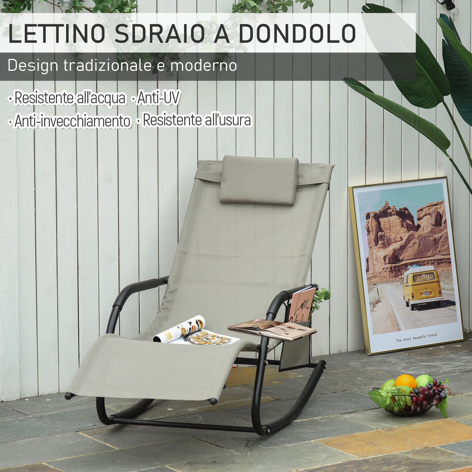 Sdraio Dondolo da Giardino 62x88x165 cm in Metallo e Tessuto Grigio