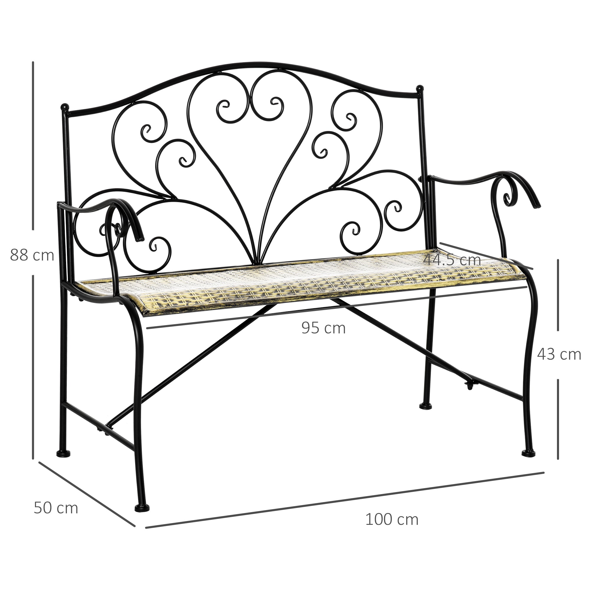 Panchina 2 Posti da giardino 100x50x88 cm in Ferro Nero e Bronzo