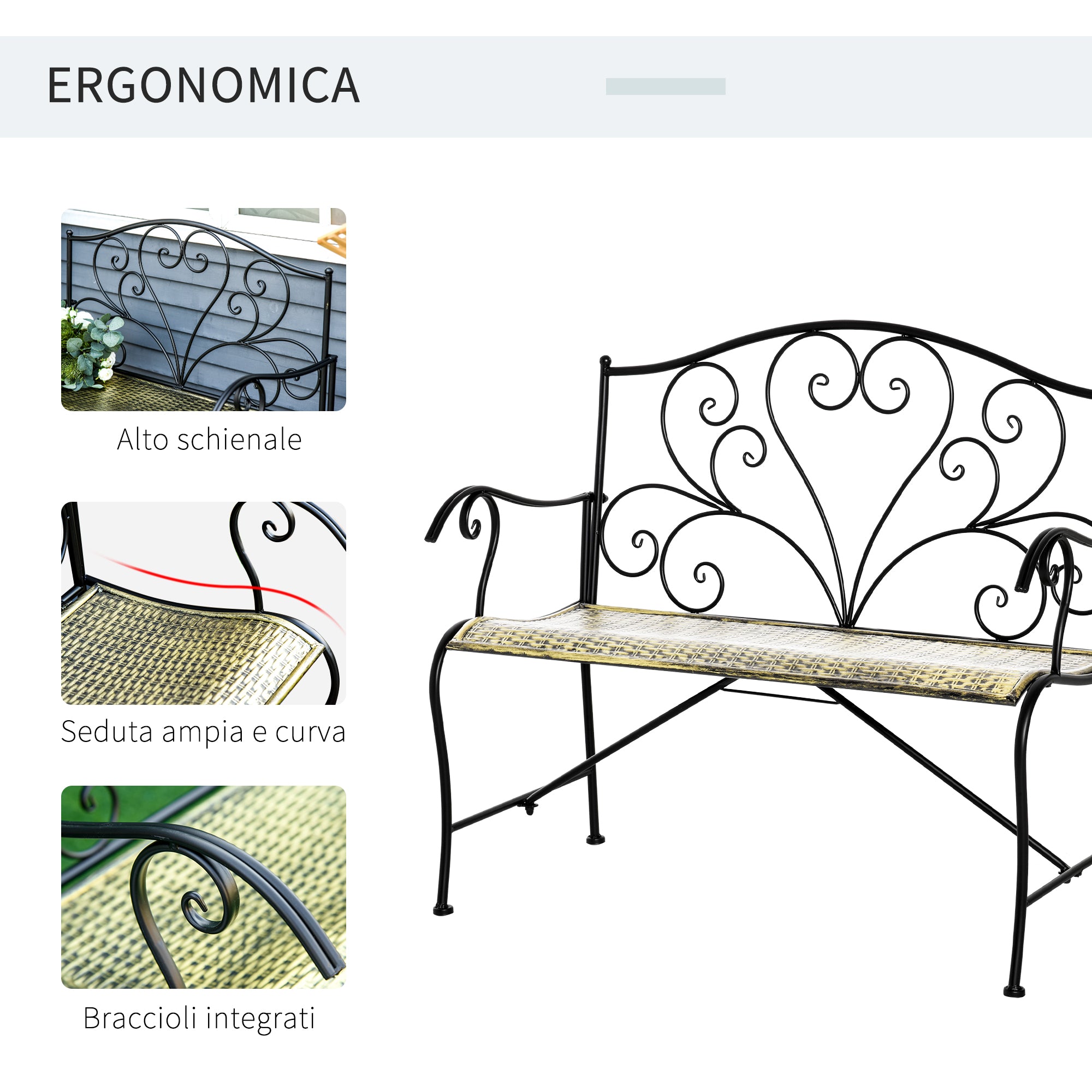 Panchina 2 Posti da giardino 100x50x88 cm in Ferro Nero e Bronzo