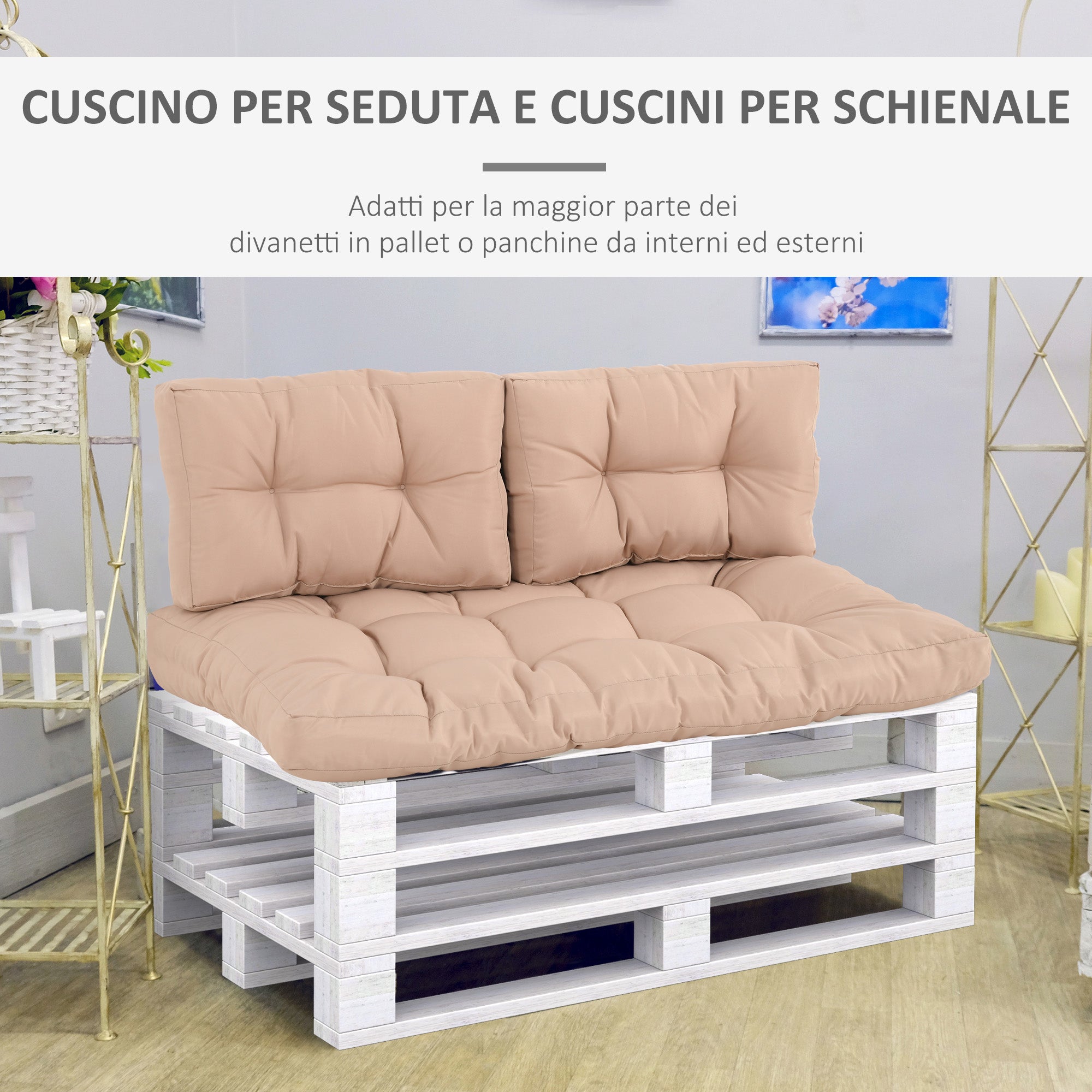 Set 3 Cuscini Seduta e 2 Schienali per Pallet in Poliestere Imbottito Beige