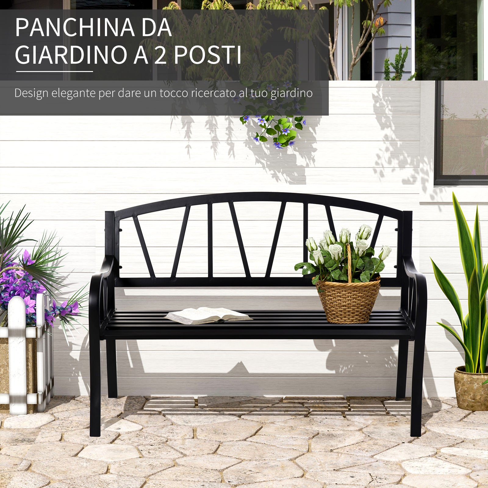 Panchina 2 Posti da giardino 128x56x86 cm in Metallo Nero