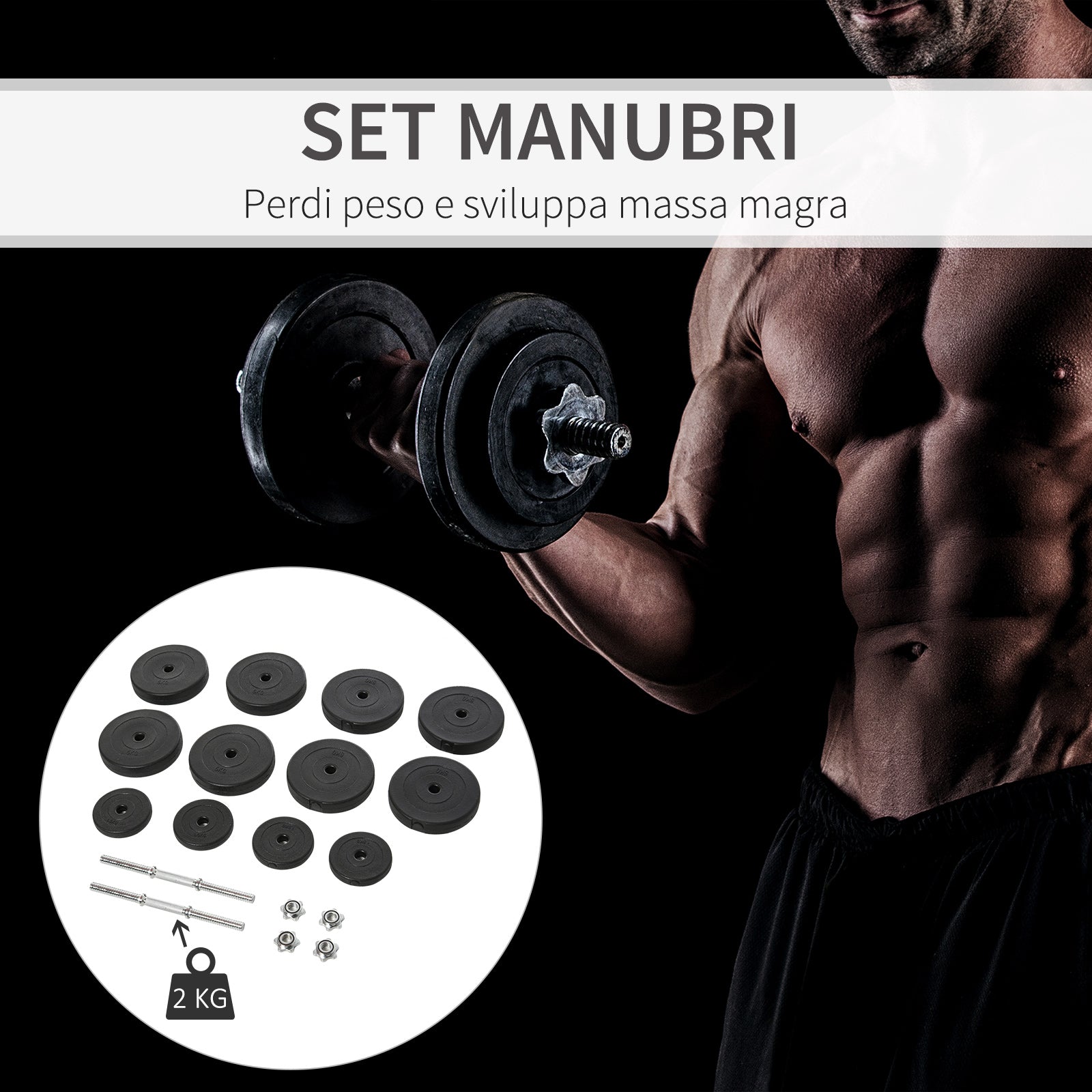 Set 2 Manubri con 12 Dischi Gommati 50 Kg in Acciaio