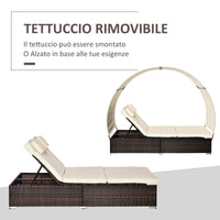 Lettino Prendisole Doppio da Giardino 196x137x36,5 cm con Tettuccio in Rattan Marrone e Crema