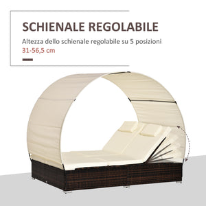 Lettino Prendisole Doppio da Giardino 196x137x36,5 cm con Tettuccio in Rattan Marrone e Crema