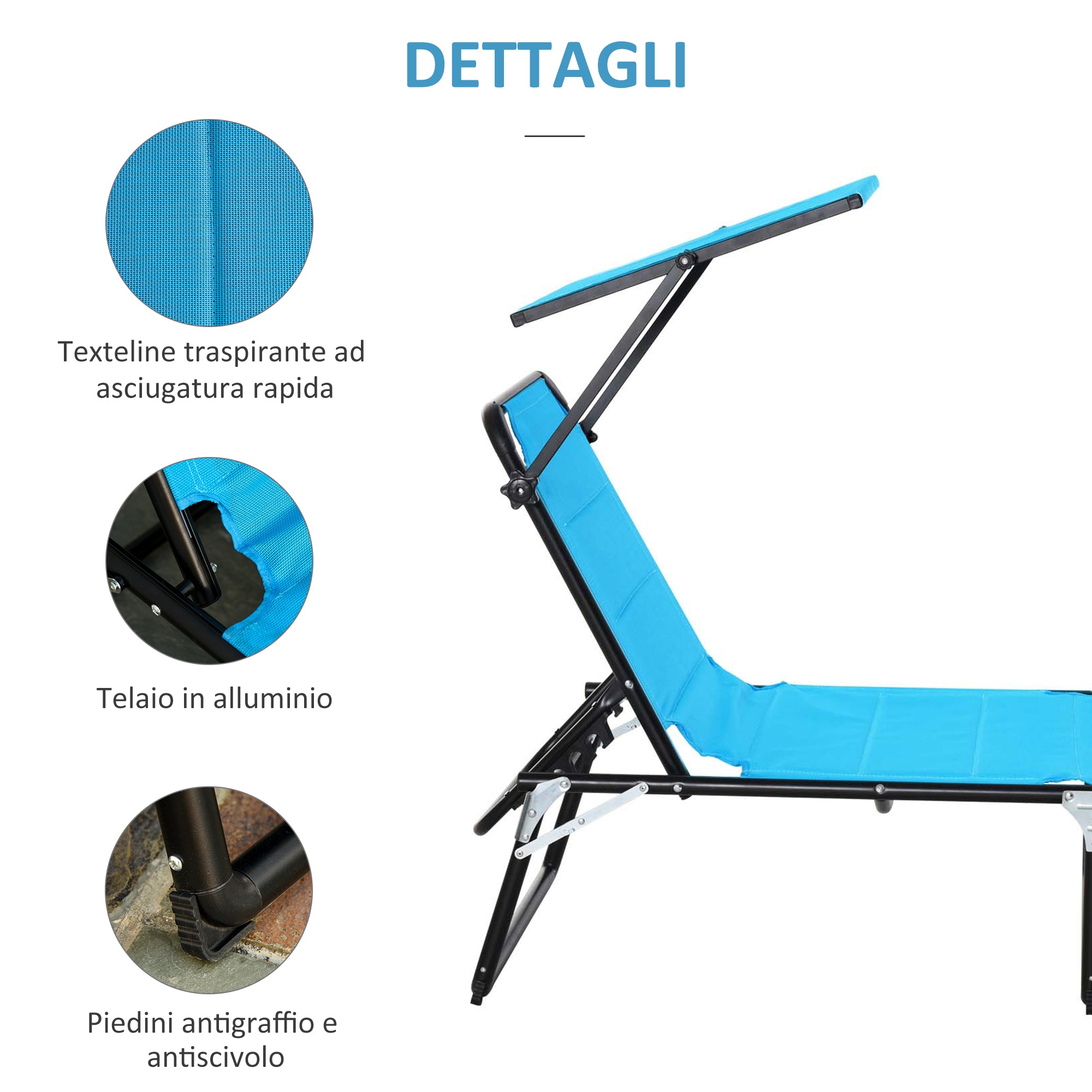 Lettino Prendisole Pieghevole da Giardino 66x164x84,5 cm in Alluminio e Textilene Blu