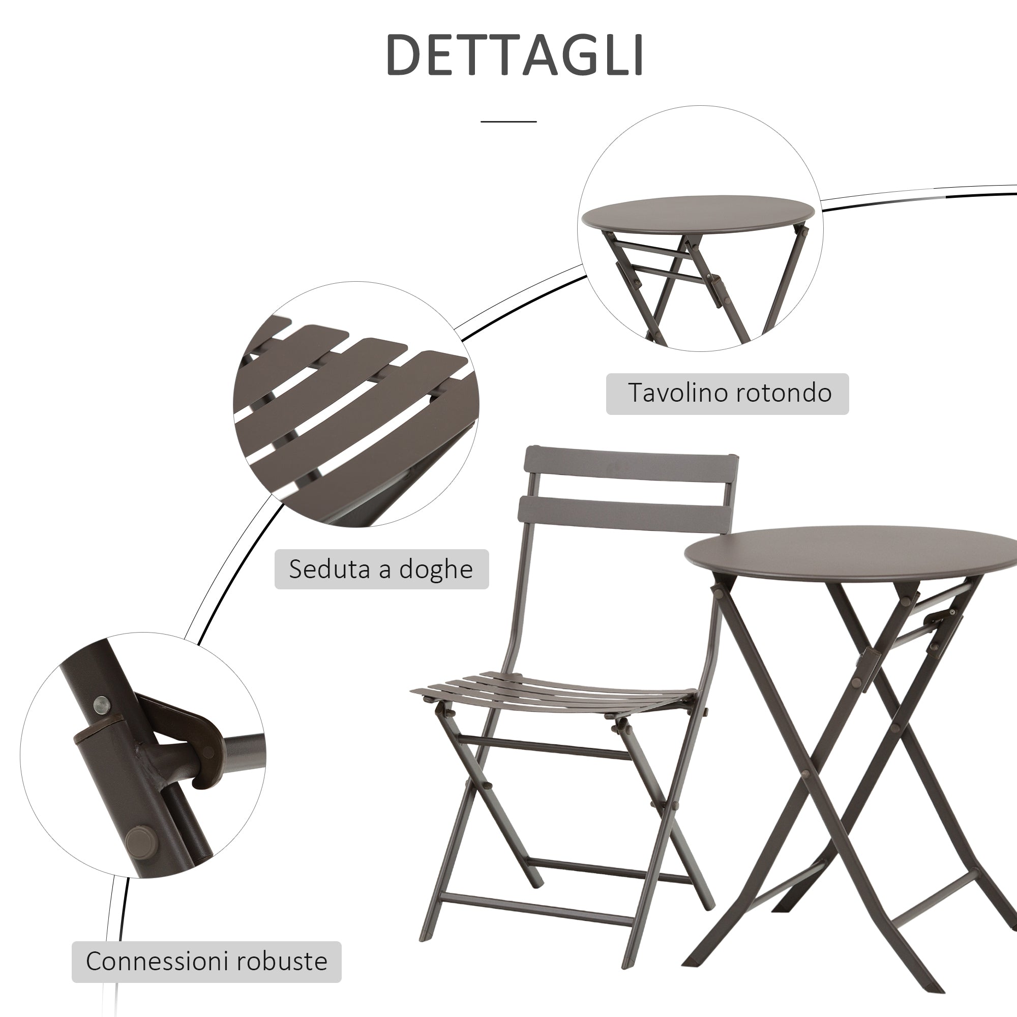 Set Tavolino e 2 Sedie Pieghevoli da Giardino in Acciaio Marrone