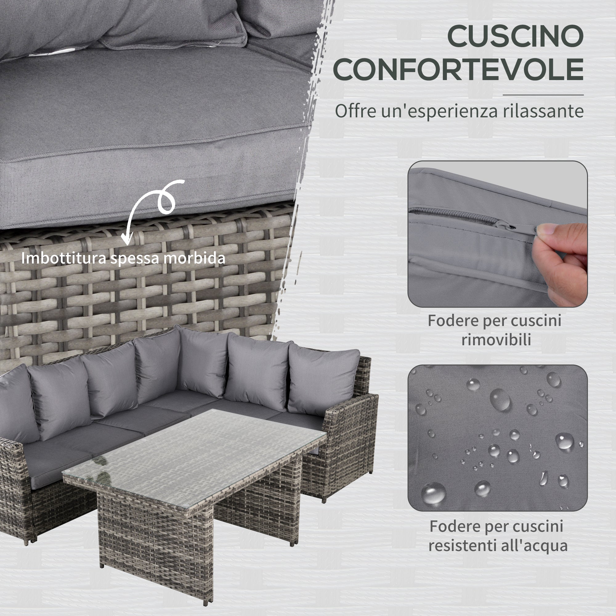 Set da Giardino Divano Angolare e Tavolo in Rattan Grigio