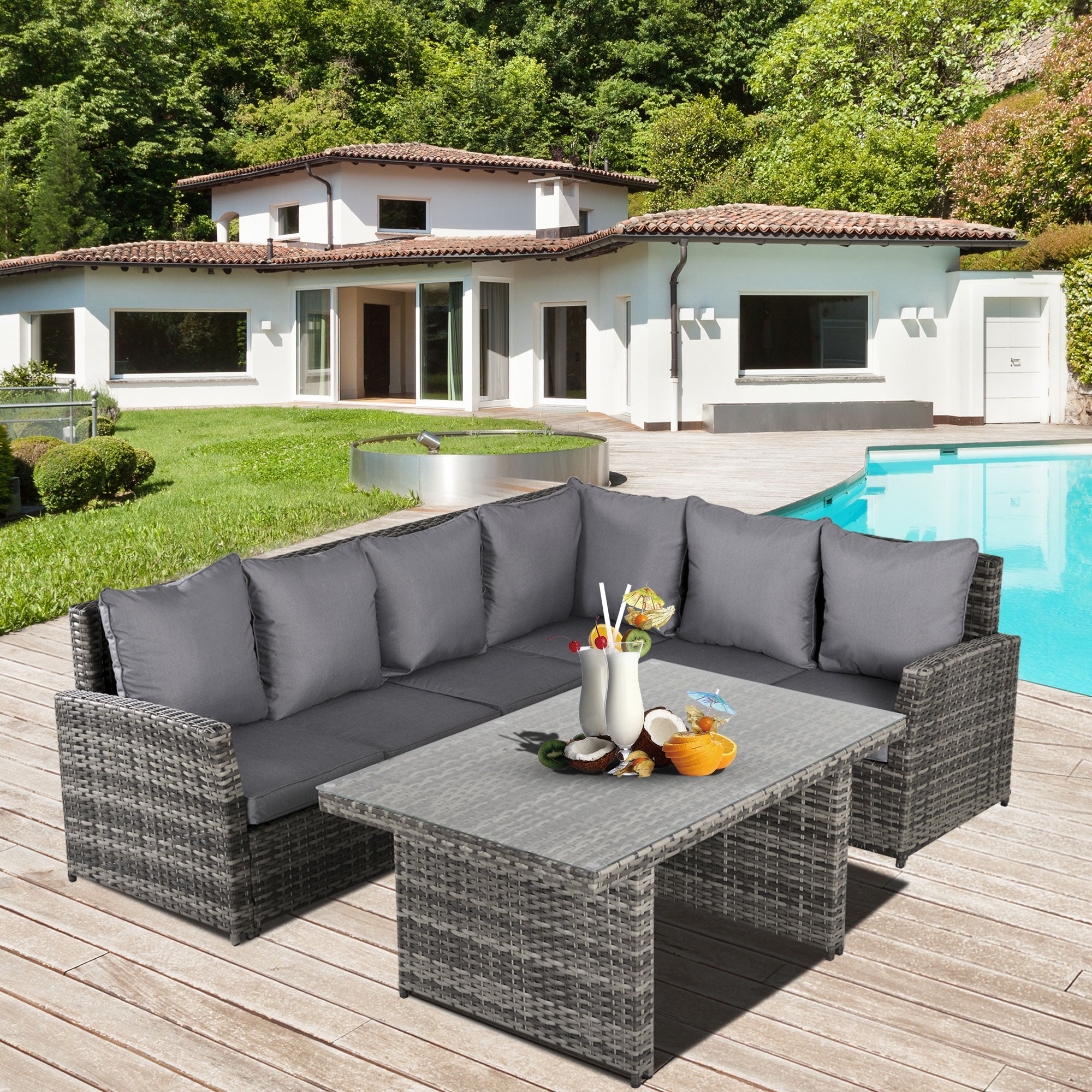 Set da Giardino Divano Angolare e Tavolo in Rattan Grigio