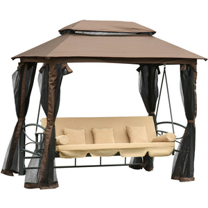 Dondolo Letto 3 Posti con Gazebo da Giardino 257x175x240 cm con Zanzariera e Cuscini Beige