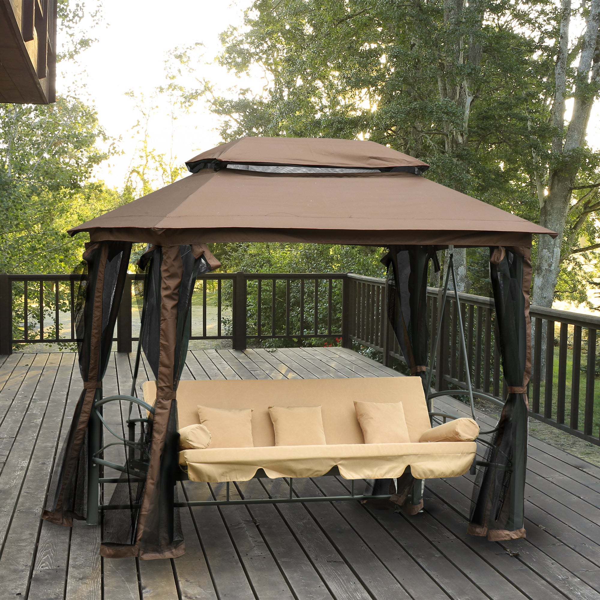 Dondolo Letto 3 Posti con Gazebo da Giardino 257x175x240 cm con Zanzariera e Cuscini Beige