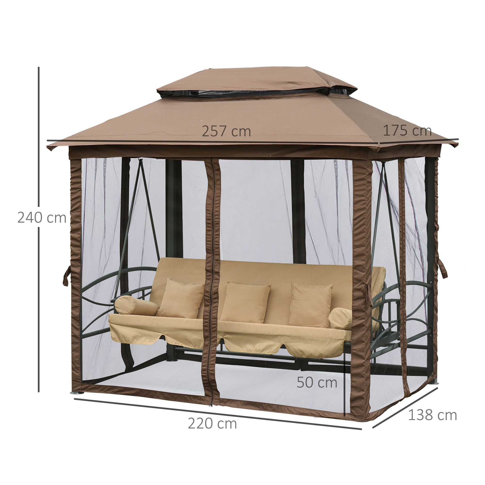 Dondolo Letto 3 Posti con Gazebo da Giardino 257x175x240 cm con Zanzariera e Cuscini Beige