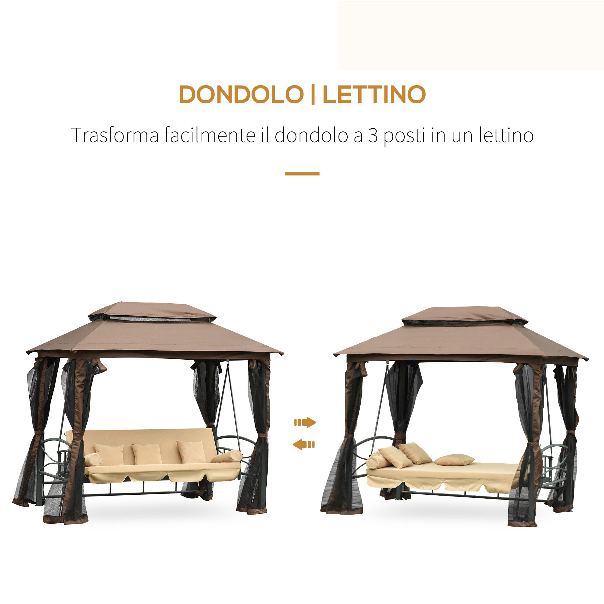 Dondolo Letto 3 Posti con Gazebo da Giardino 257x175x240 cm con Zanzariera e Cuscini Beige