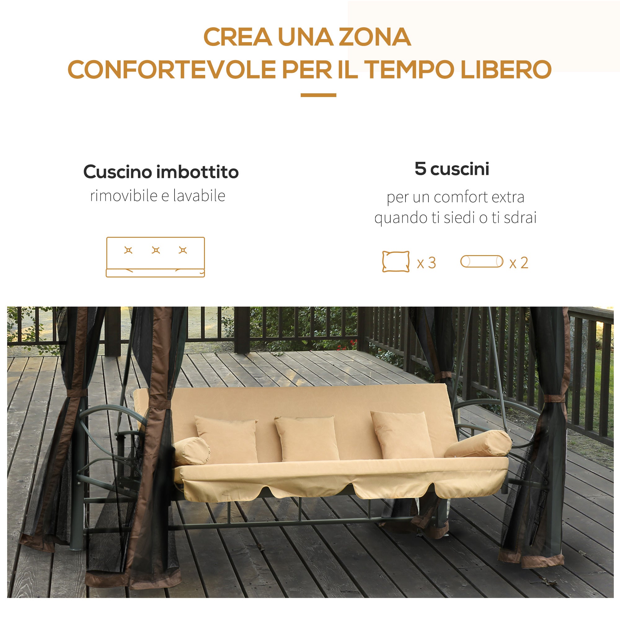 Dondolo Letto 3 Posti con Gazebo da Giardino 257x175x240 cm con Zanzariera e Cuscini Beige