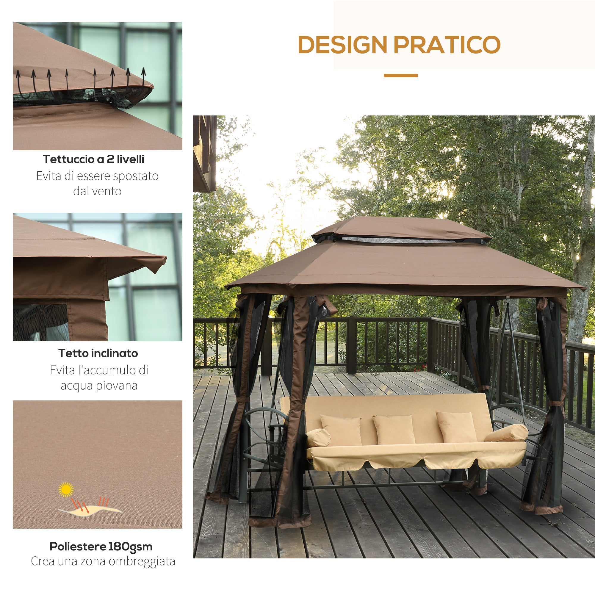 Dondolo Letto 3 Posti con Gazebo da Giardino 257x175x240 cm con Zanzariera e Cuscini Beige