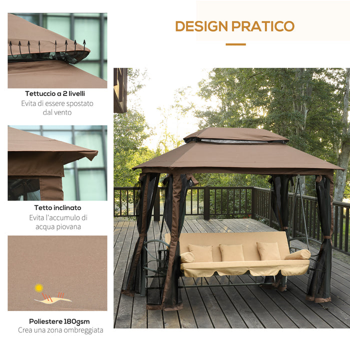 Dondolo Letto 3 Posti con Gazebo da Giardino 257x175x240 cm con Zanzariera e Cuscini Beige