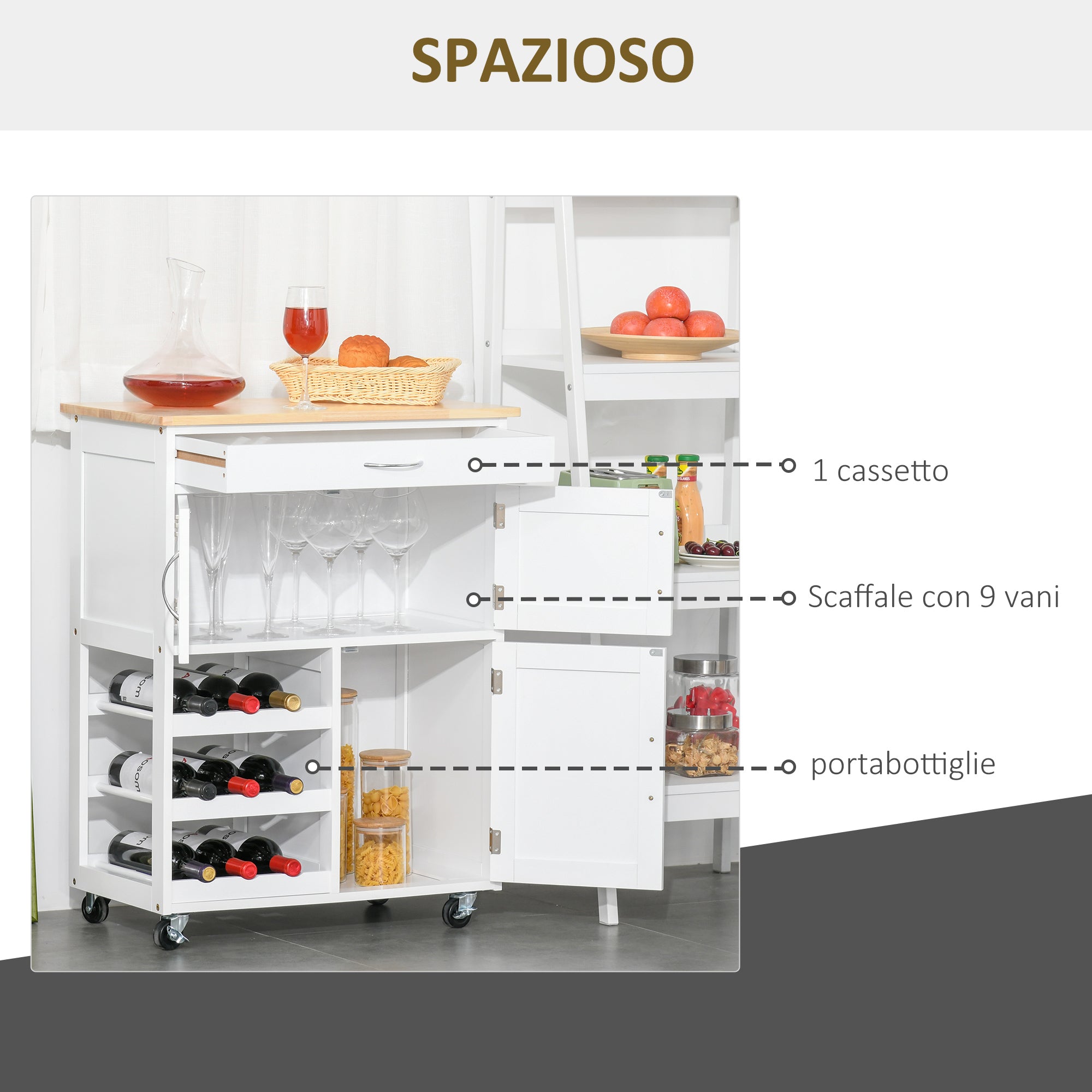 Carrello da Cucina 1 Cassetto 3 Ante 67x37x87 cm in Legno Bianco