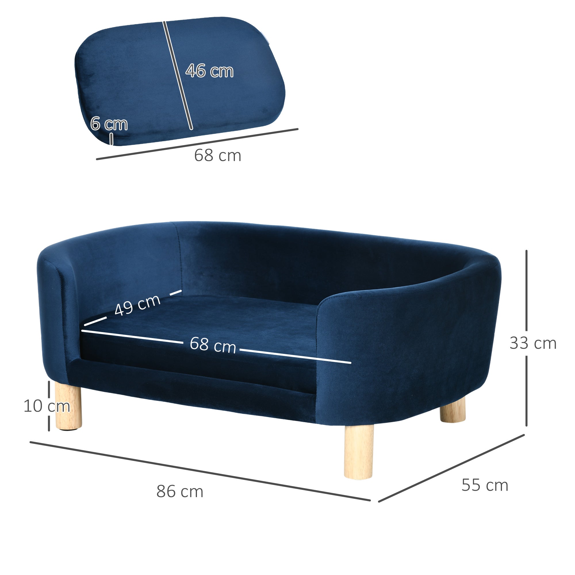 Divano per Cani e Gatti Imbottito 86x55x33 cm in Velluto Blu Navy