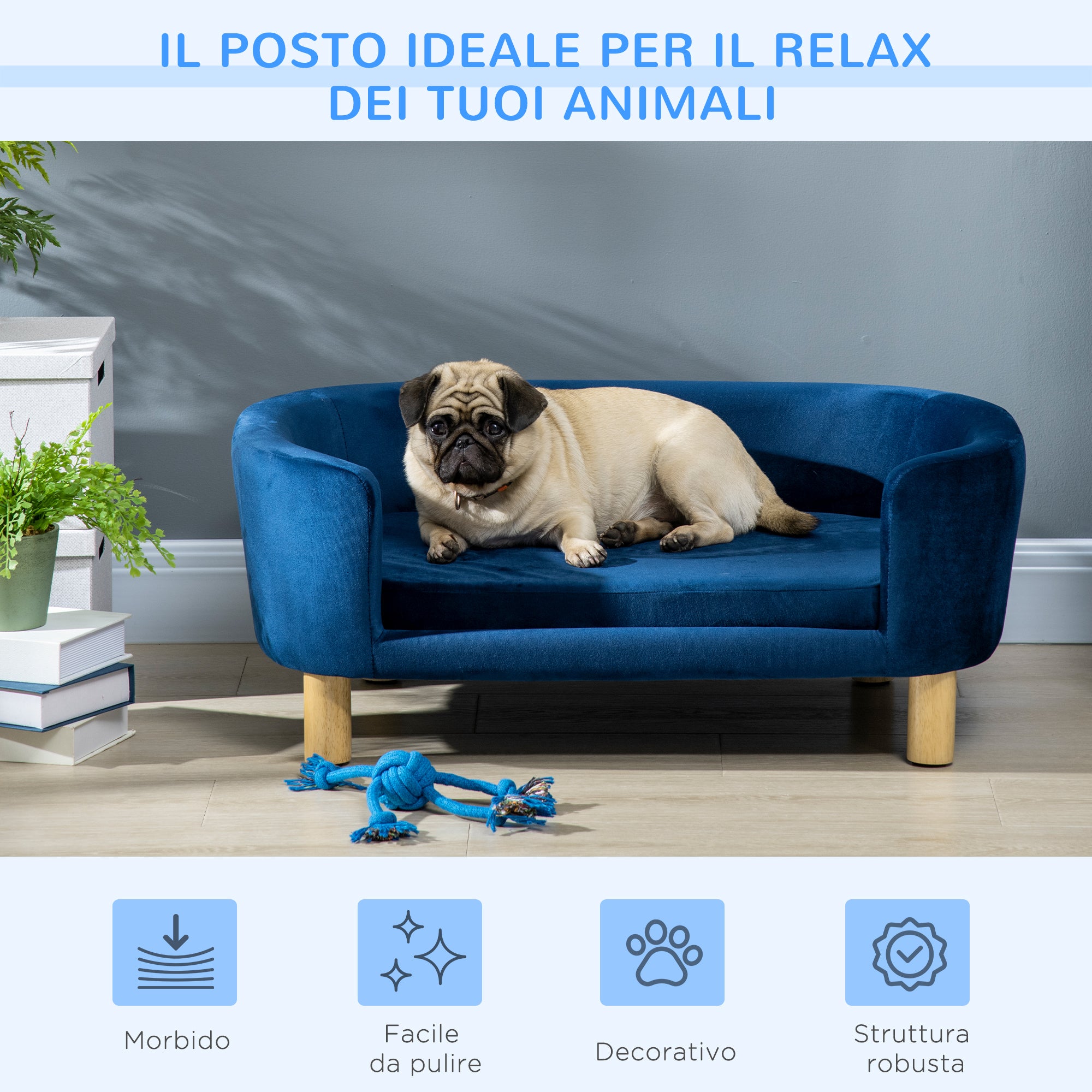 Divano per Cani e Gatti Imbottito 86x55x33 cm in Velluto Blu Navy