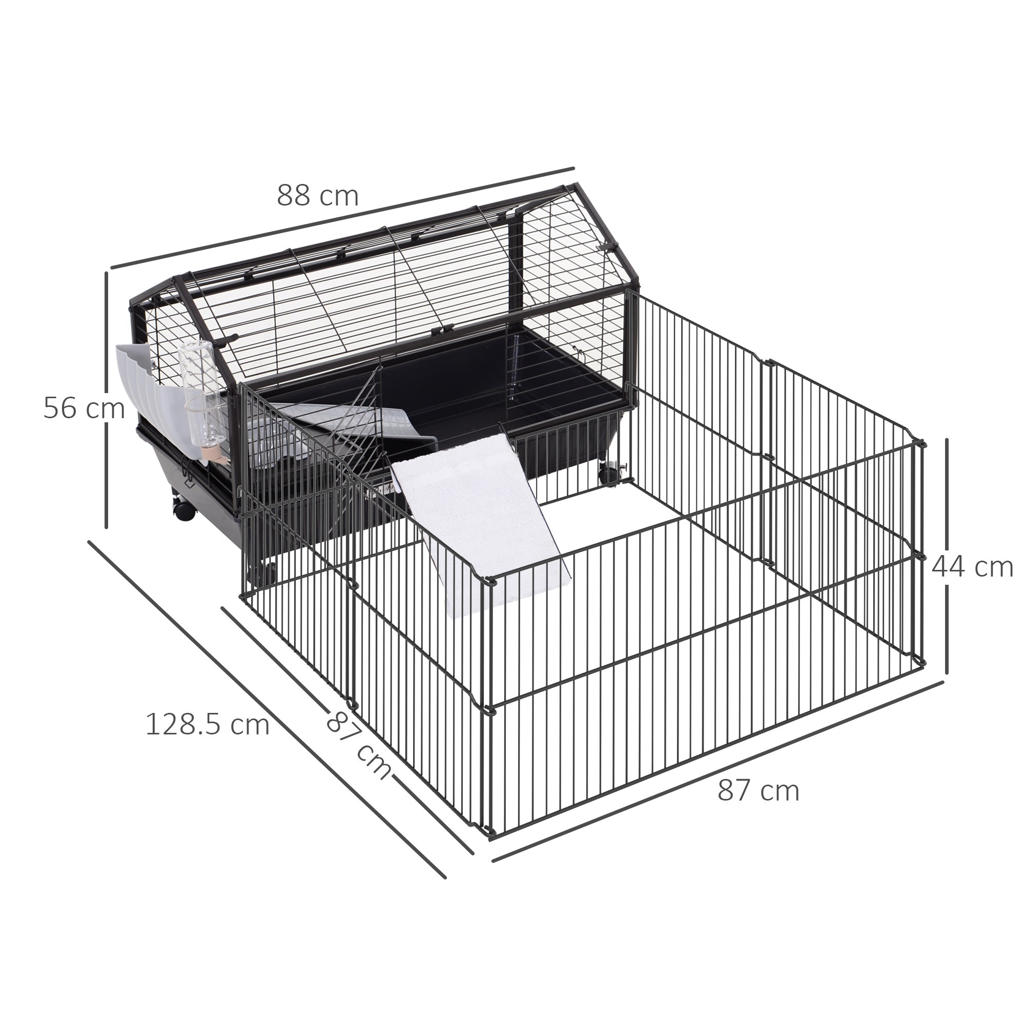 Gabbia per Conigli Roditori da Interno 88x128,5x56 cm in Metallo e Plastica Nera