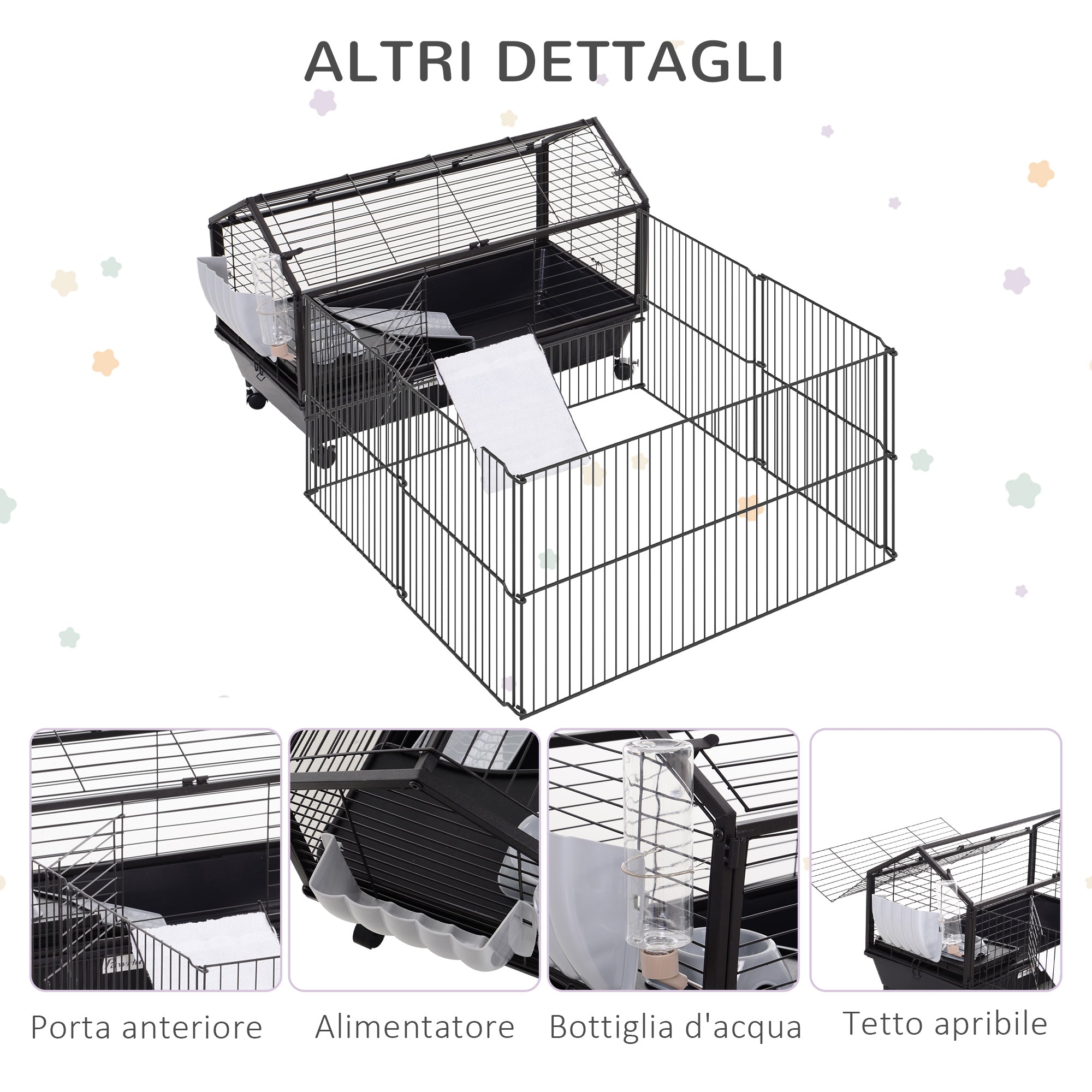 Gabbia per Conigli Roditori da Interno 88x128,5x56 cm in Metallo e Plastica Nera