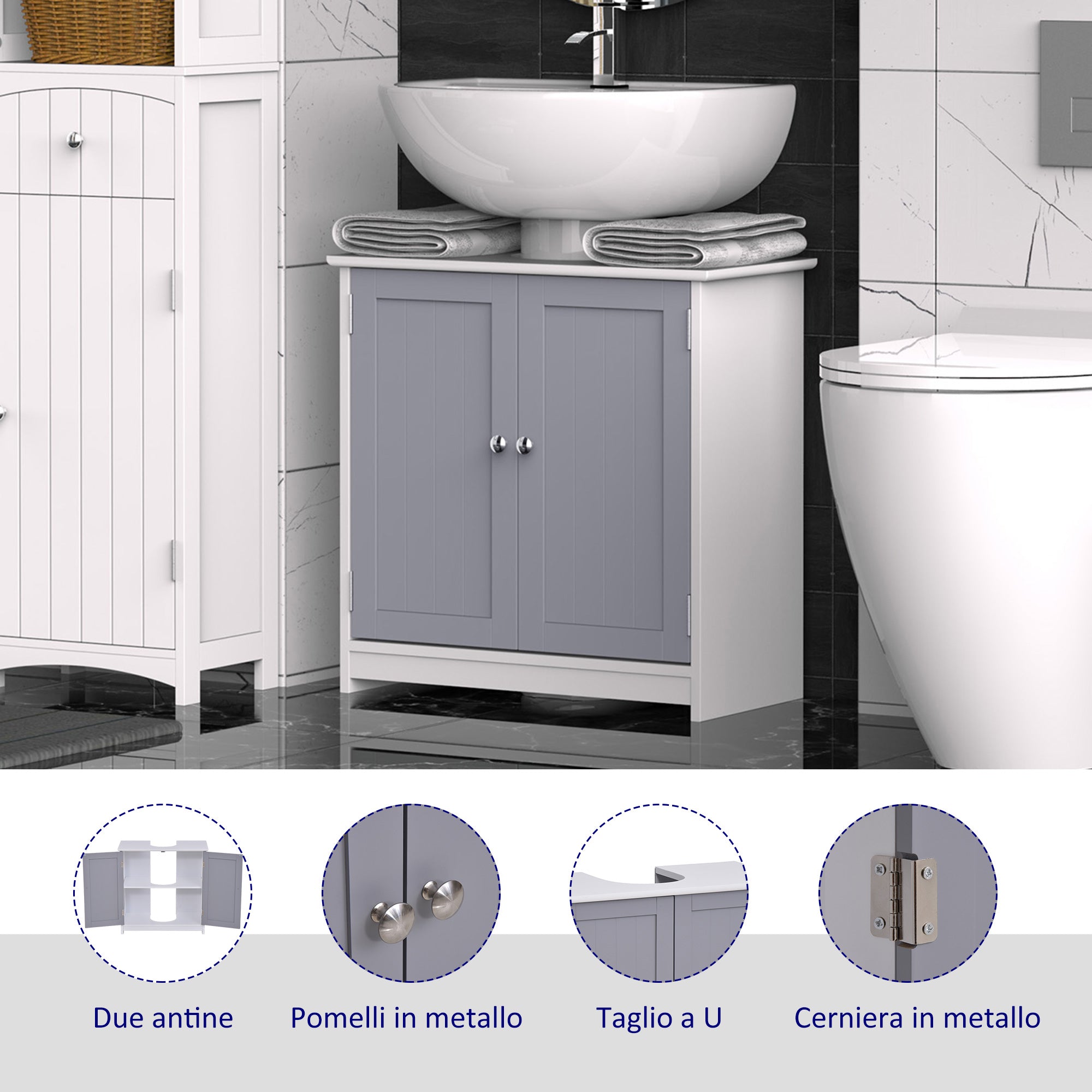 Mobile Sotto Lavabo Bagno 2 Ante 60x30x60 cm in MDF Bianco e Grigio