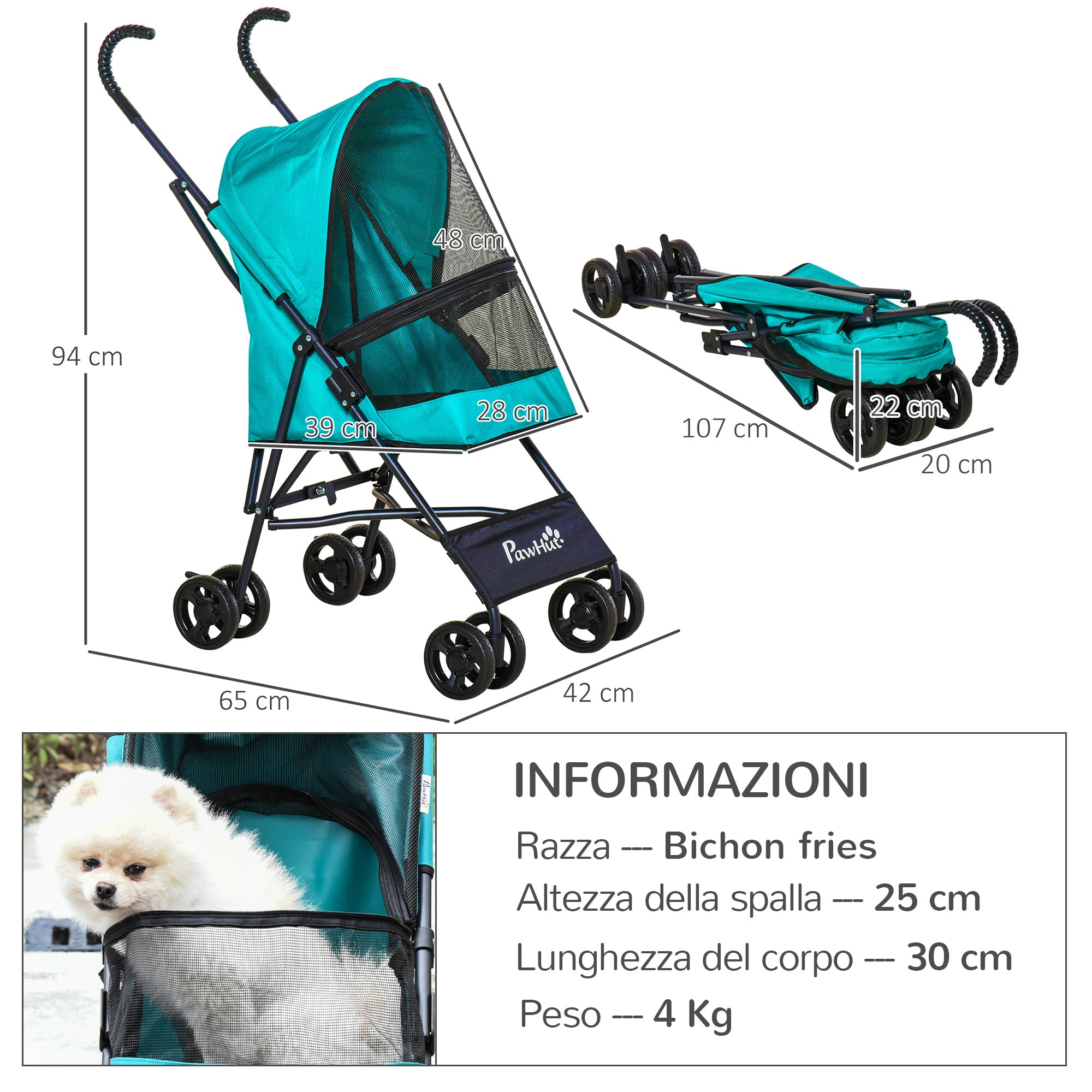 Passeggino per Cani Piccoli Pieghevole 65x42x94 cm in Acciaio e Tessuto Oxford Verde