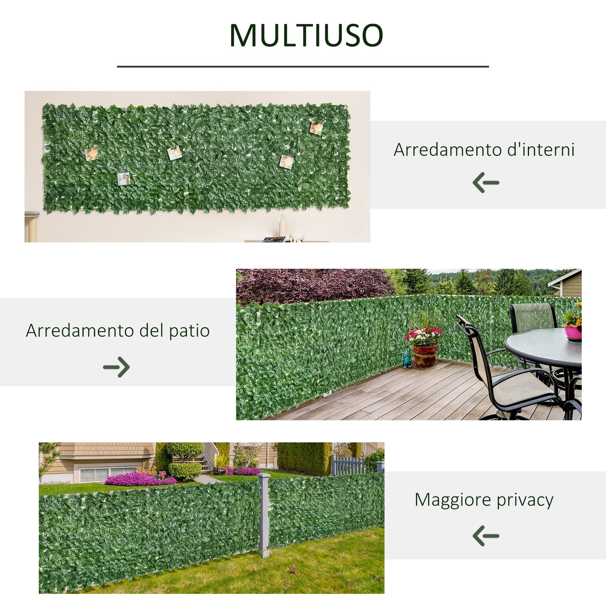 Arella Siepe Sintetica Artificiale 3x1m per Balcone e Giardino Foglie Verde Scuro