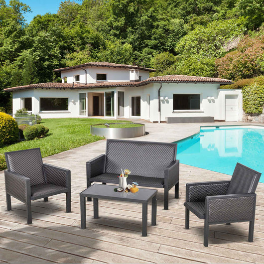 Set Salotto da Giardino Divano 2 Poltrone e Tavolino in Rattan Grigio