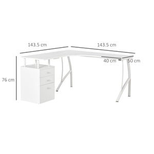 Scrivania Angolare da Ufficio 143,5x143,5x76 cm con Cassettiera in Legno e Metallo Bianca