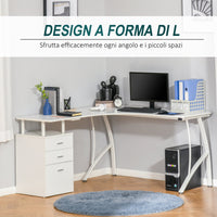 Scrivania Angolare da Ufficio 143,5x143,5x76 cm con Cassettiera in Legno e Metallo Bianca