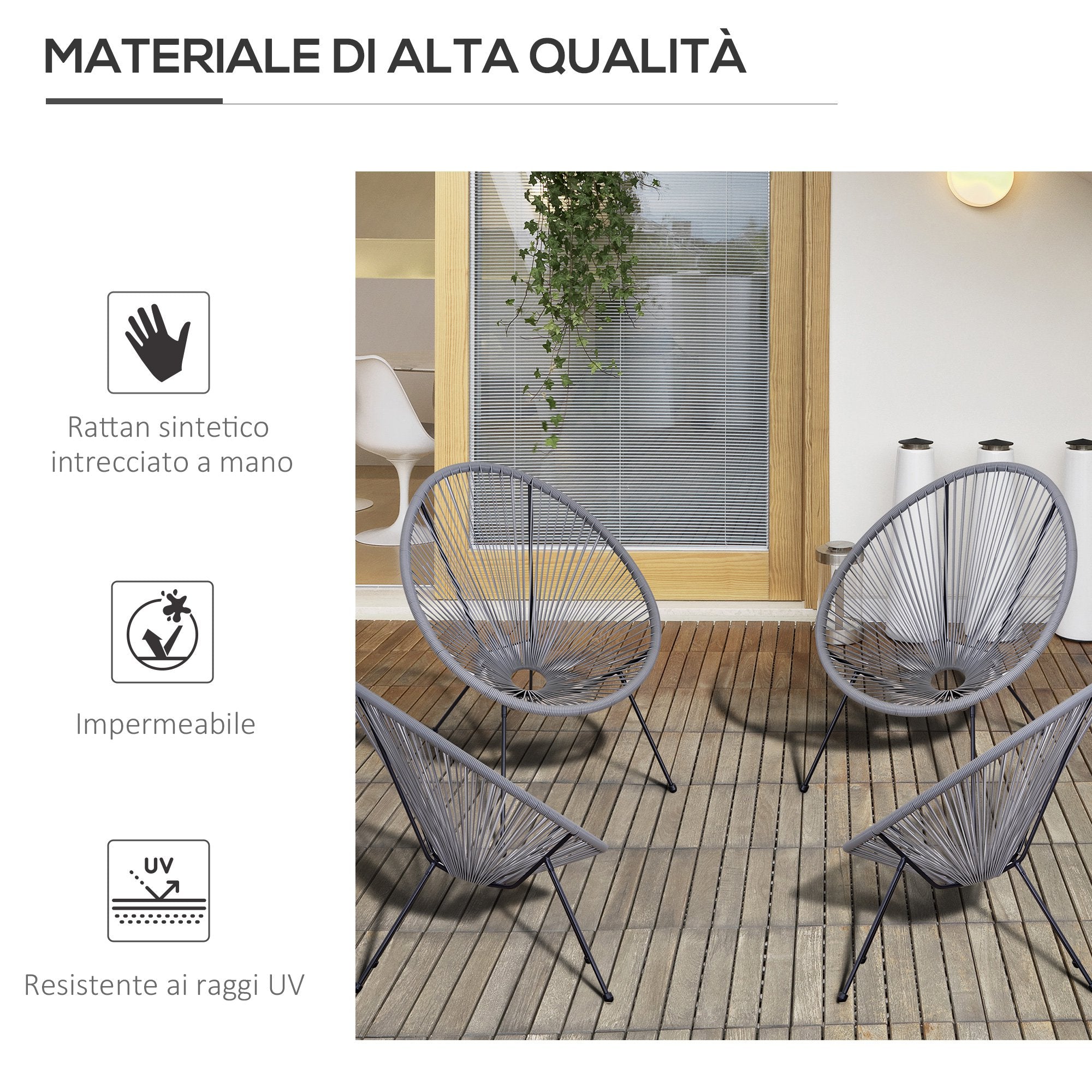 Set 4 Sedie da Giardino Ovali 73x77x87 cm in Rattan PE Grigio Chiaro