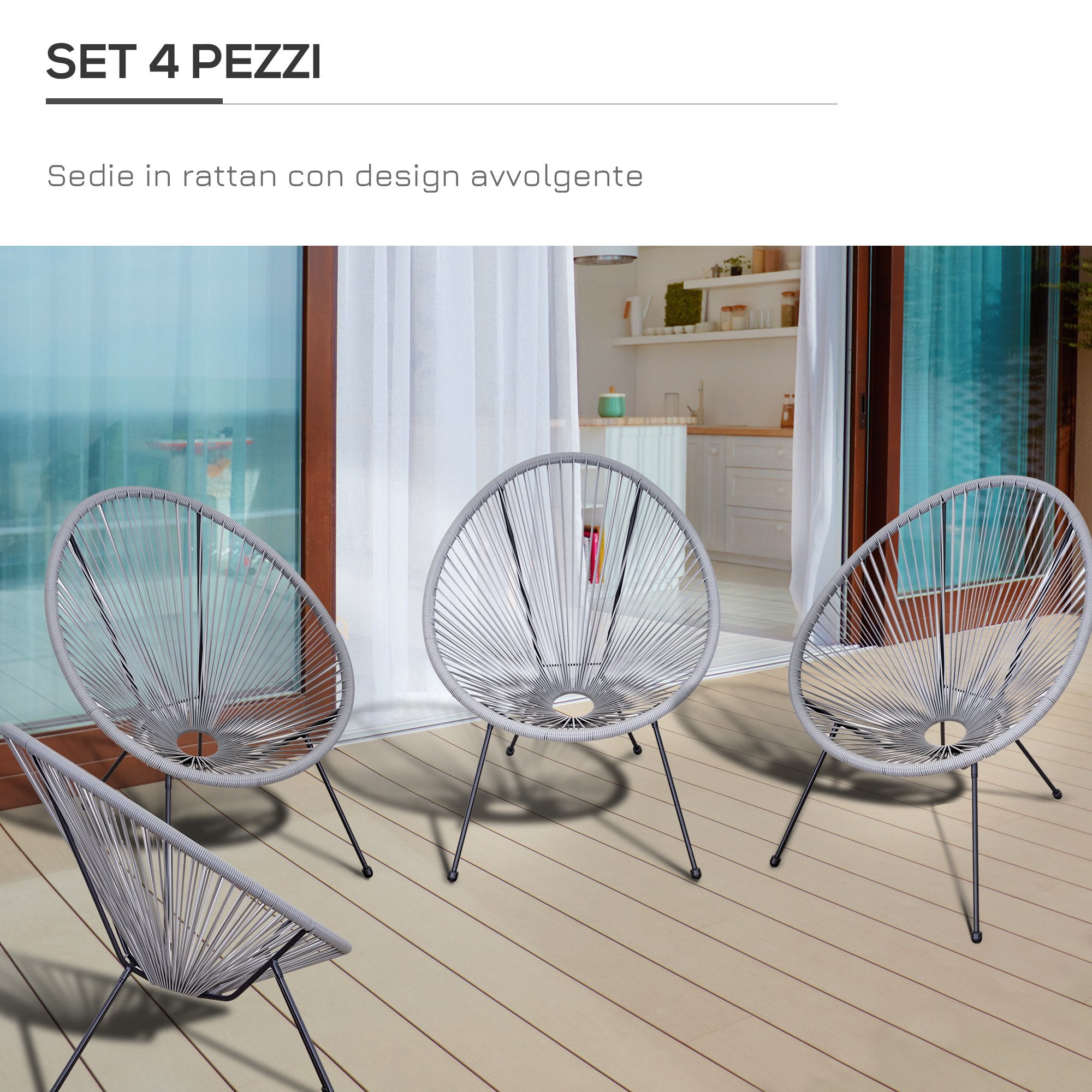 Set 4 Sedie da Giardino Ovali 73x77x87 cm in Rattan PE Grigio Chiaro