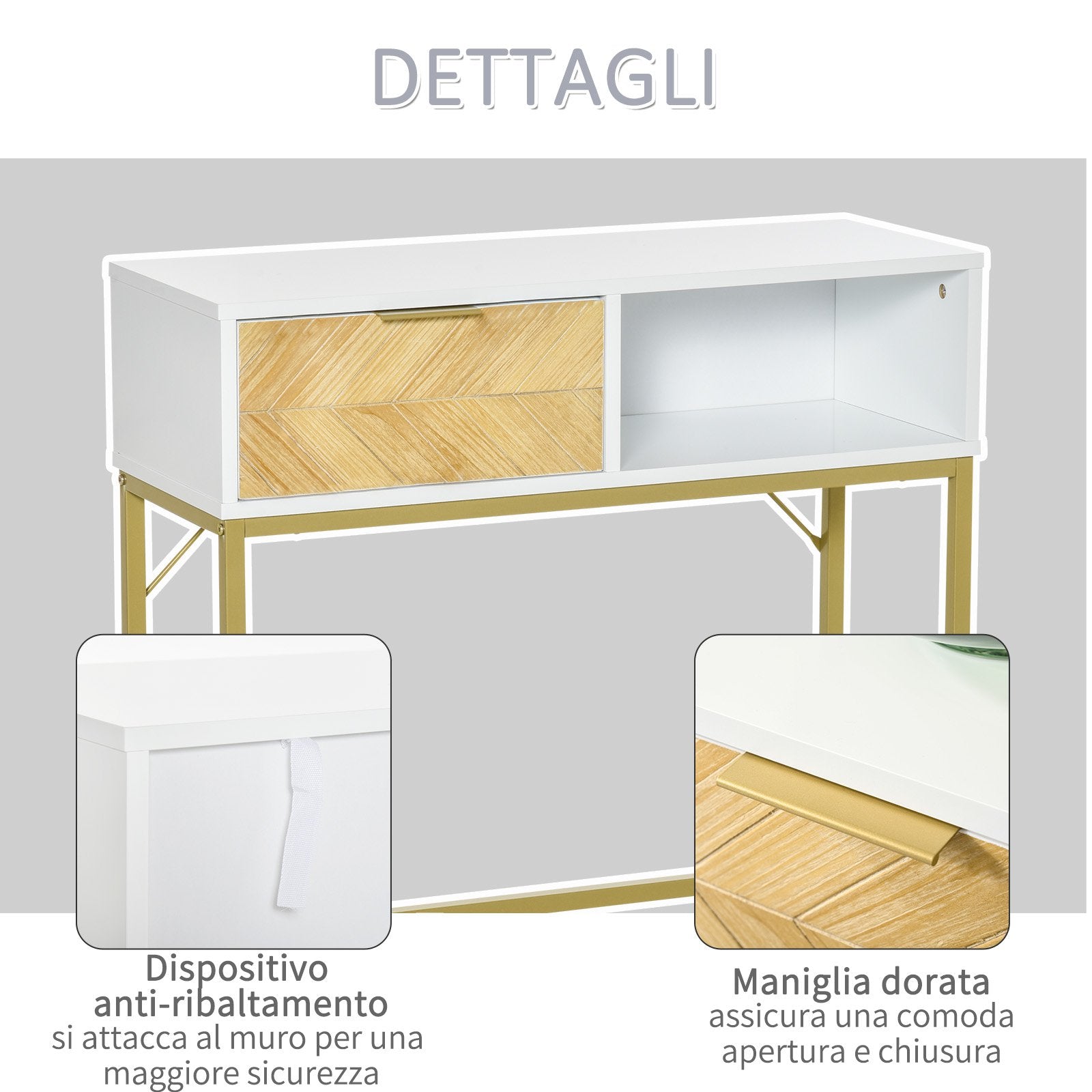 Consolle Ingresso 1 Cassetto 80x30x80,5 cm in Legno Bianco e Oro