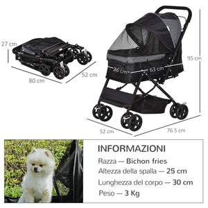 Passeggino per Cani Taglia Piccola 76,5x52x95 cm in Acciao e Tessuto Oxford Nero