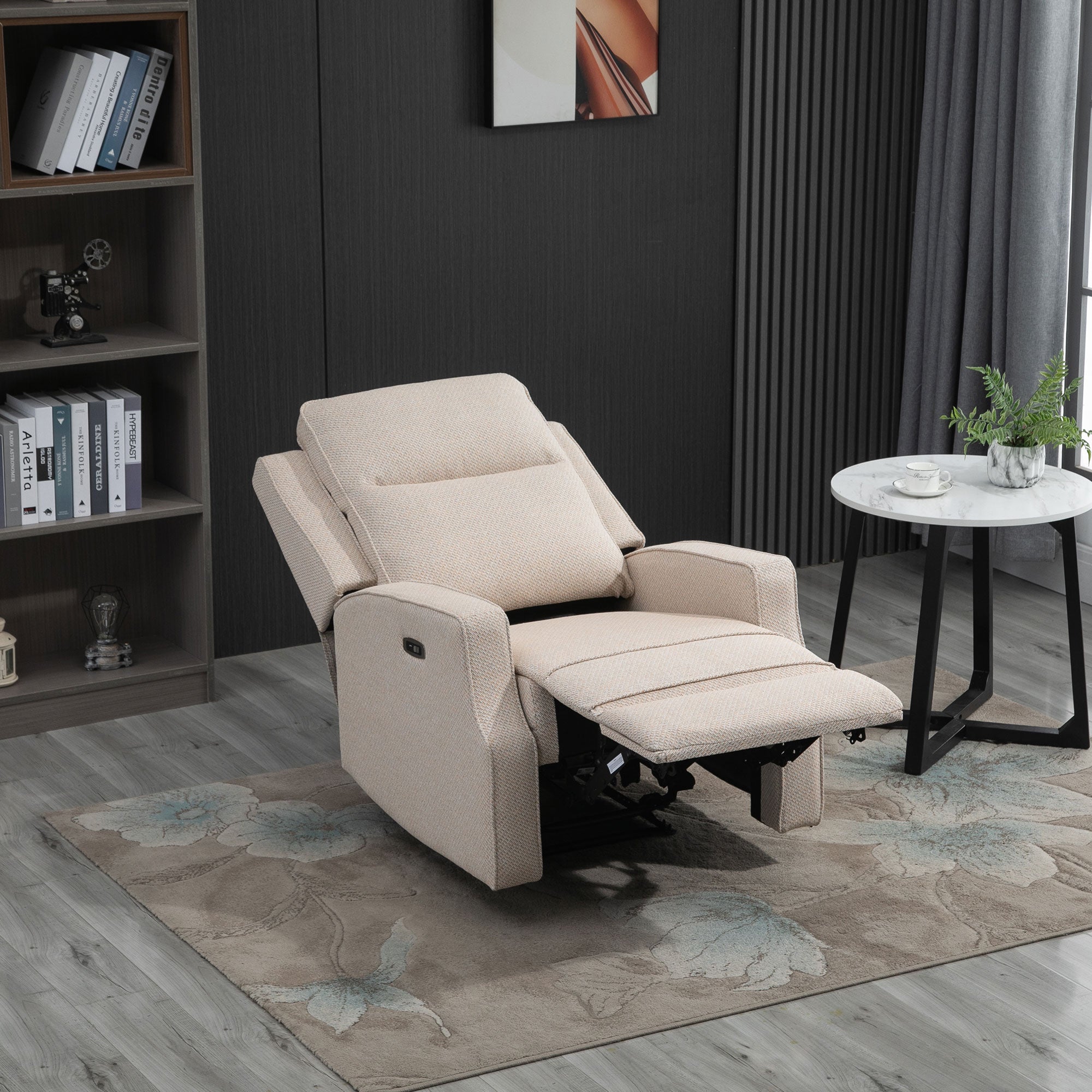 Poltrona Relax Elettrica Reclinabile con Presa USB di Ricarica in Tessuto Effetto Lino Beige